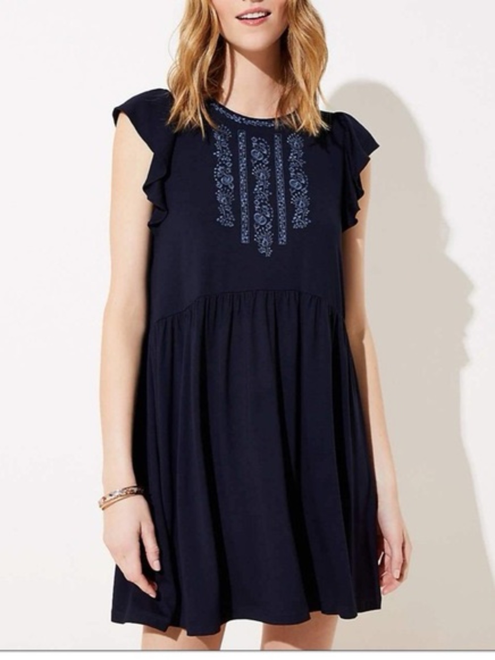 LOFT Women’s Embroidered Floral Swing Mini Dress Size M Navy Blue Ruffle Sleeve